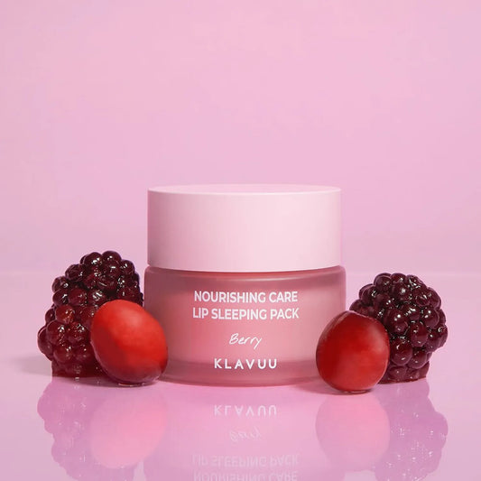 KLAVUU nourishing care lip sleeping pack with berries on a pink background